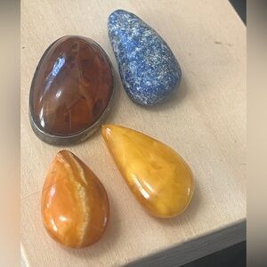 Set of Four Polished Gemstones Amber and Sodalite